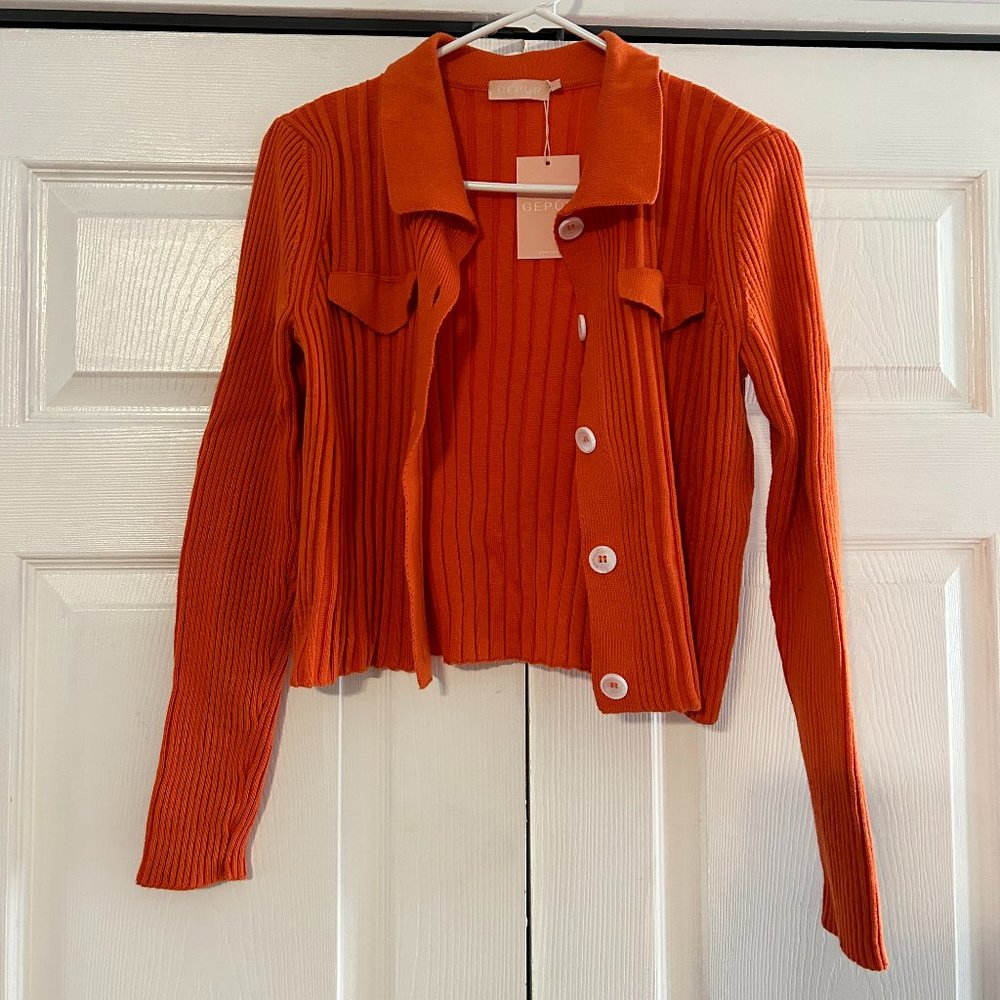Gepur Cropped & Ribbed Orange Cardigan, Size Medium